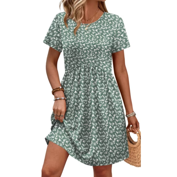 Fantaslook Summer Dresses for Women Casual Short Sleeve V Neck Babydoll Dress Fashion Vacation Mini Dress with Pockets