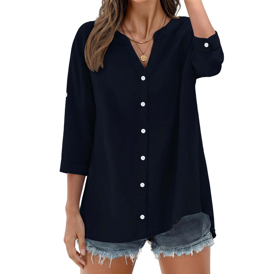 Fantaslook Womens 3/4 Sleeve Button Down Shirts V Neck Roll Up Sleeve Tops Cotton Linen Casual Summer Blouses Shirts