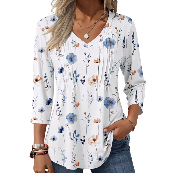 Fantaslook 3/4 Length Sleeve Womens Tops Dressy Casual Boho Blouses V Neck Pleated Tunic Tops Work Shirts