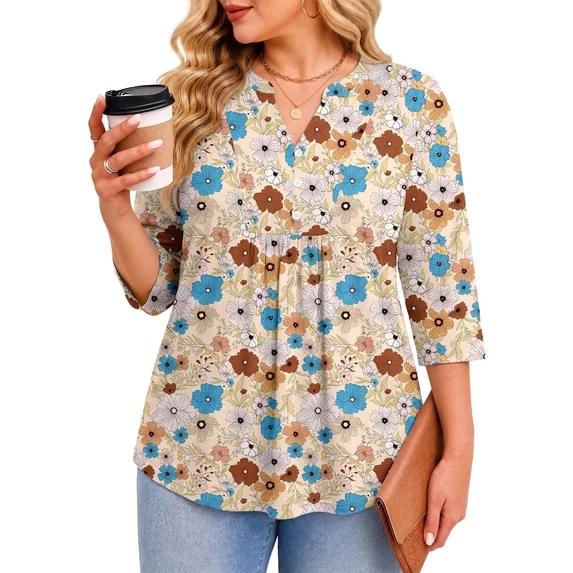 Fantaslook 3/4 Sleeve Plus Size Tops for Women Henley V Neck Button Blouses Dressy Floral Tunic Work Shirts L-5XL