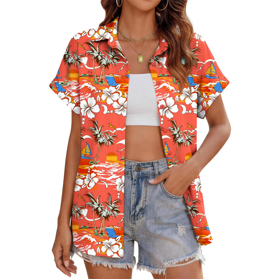 Fantaslook Hawaiian Button Down Shirts for Women Casual Short Sleeve Floral Print Blouses Summer Tops