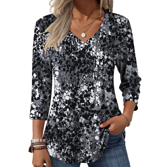 Fantaslook 3/4 Length Sleeve Womens Tops Dressy Casual Boho Blouses V Neck Pleated Tunic Tops Work Shirts