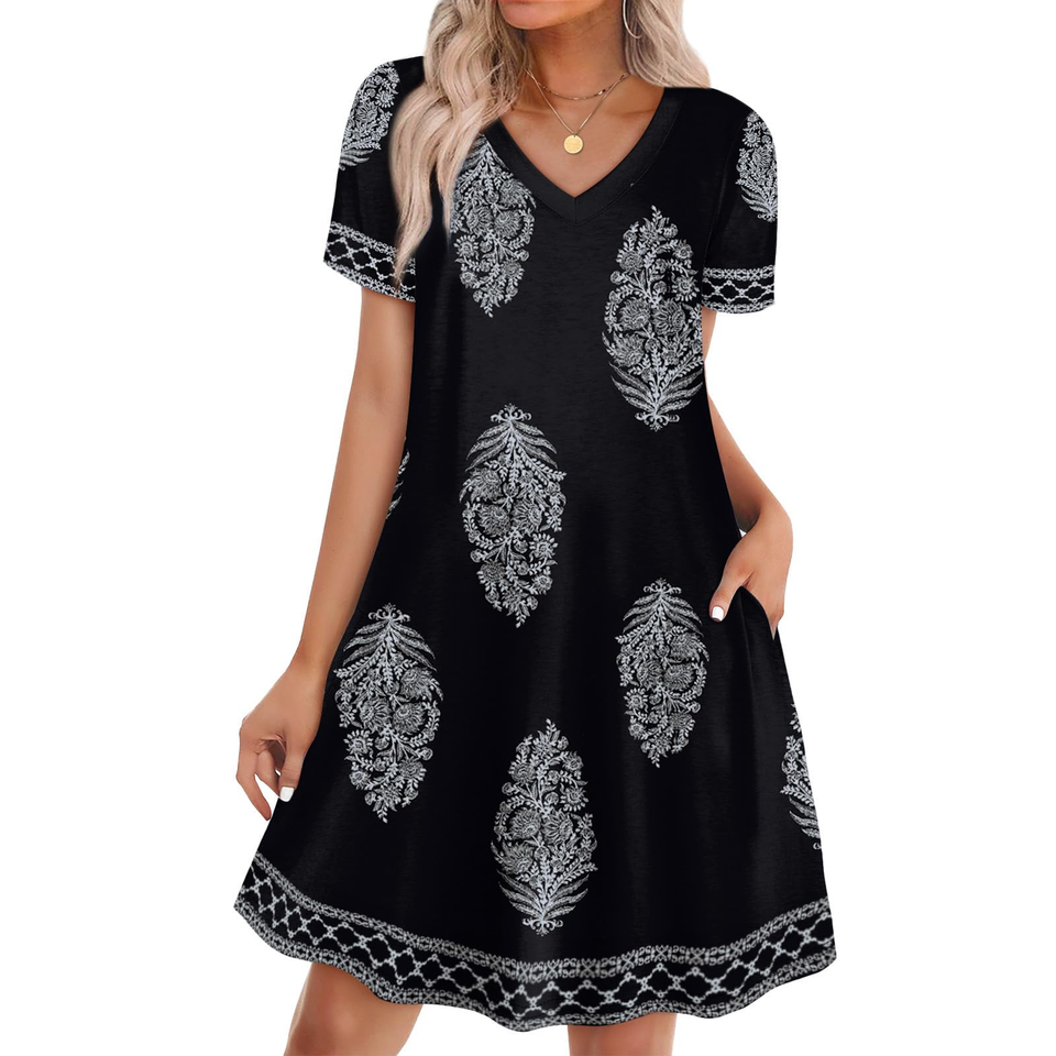 Fantaslook Boho Summer Dresses for Women Casual Short Sleeve T Shirt Dress with Pockets Beach Vacation Clothes