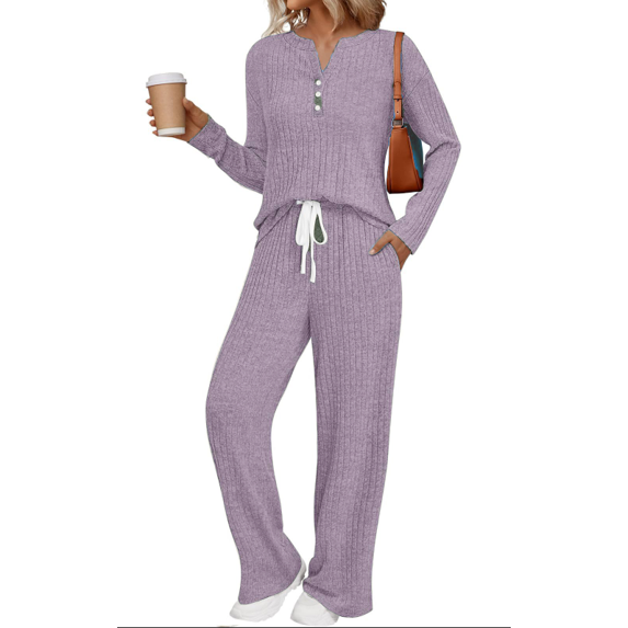 Fantaslook Two Piece Lounge Sets for Women Fall Travel Outfits Henley Neck Sweater tops Wide Leg Pants Matching Sets Pajamas Clothes