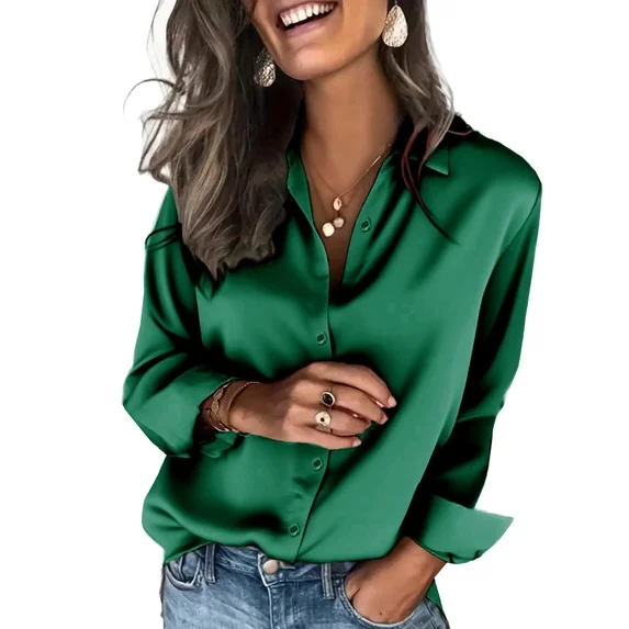 Fantaslook Satin Shirts for Women Long Sleeve Button Down Shirt Business Work Blouses Dressy Casual Fall Tops