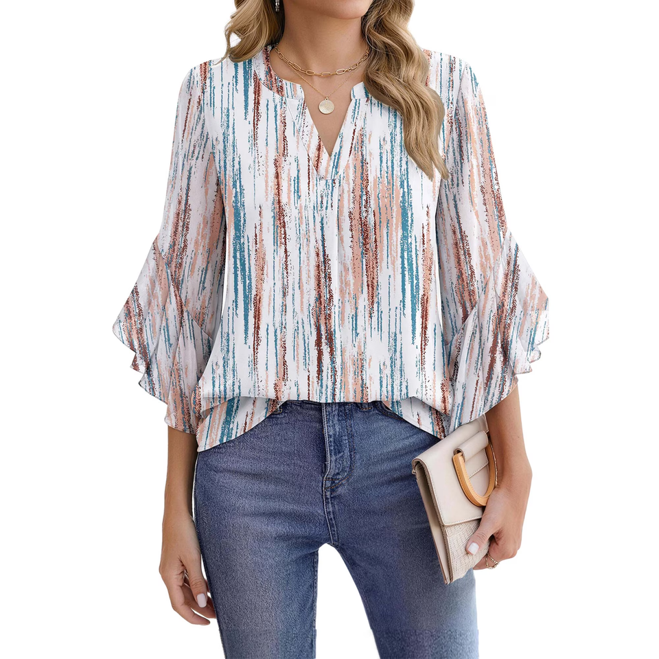 Fantaslook Blouses for Women 3/4 Ruffle Sleeve Summer Tops V Neck Business Work Blouse Dressy Casual Shirts