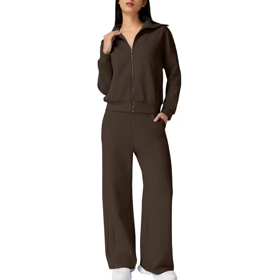 Fantaslook Women Two Piece Outfits Lapel Long Sleeve Zipper Sweatshirts and Wide Leg Pants Lounge Tracksuits Sets