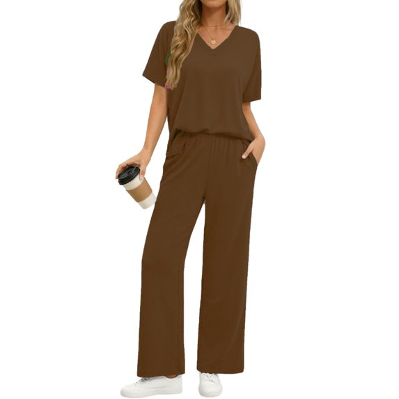 Fantaslook Lounge Sets for Women Casual 2 Piece Outfits Summer V Neck Short Sleeve Tops and Wide Leg Pants Pajamas Sets