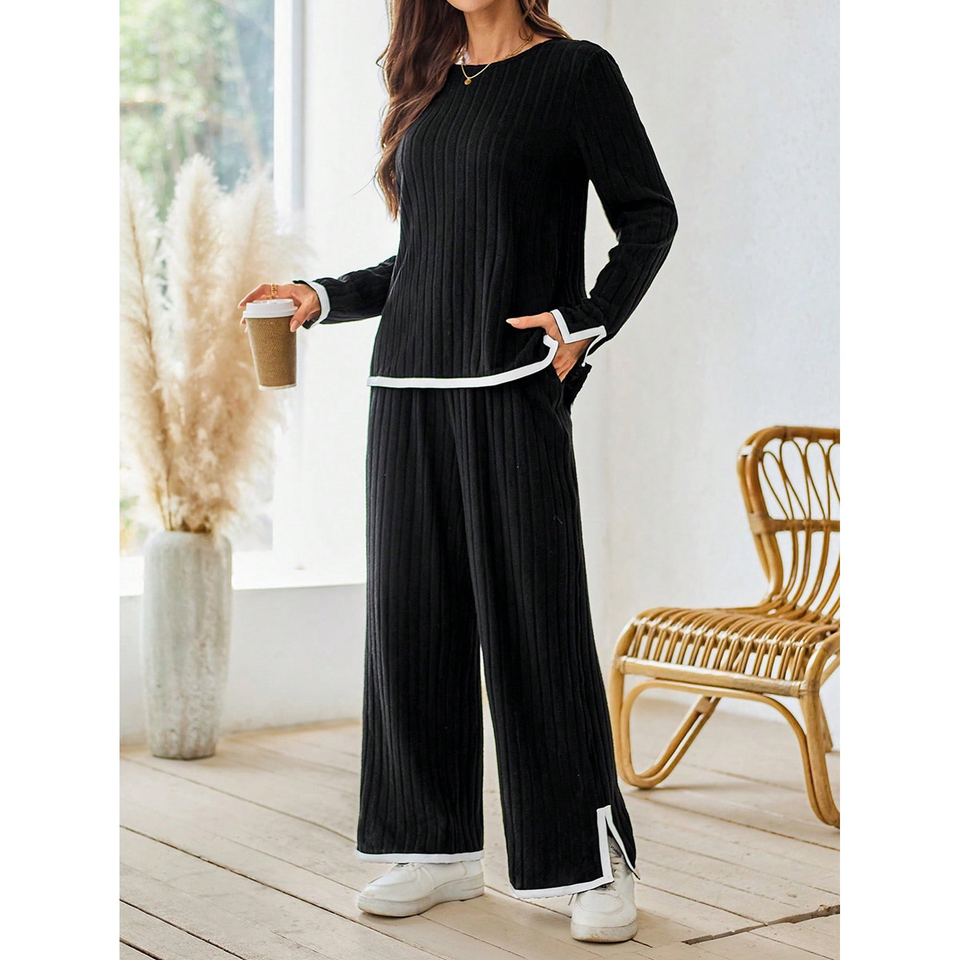 Fantaslook 2 Piece Sets for Women Travel Outfits Color Block Long Sweater Lounge Sets Splits Hem Tracksuits with Pockets