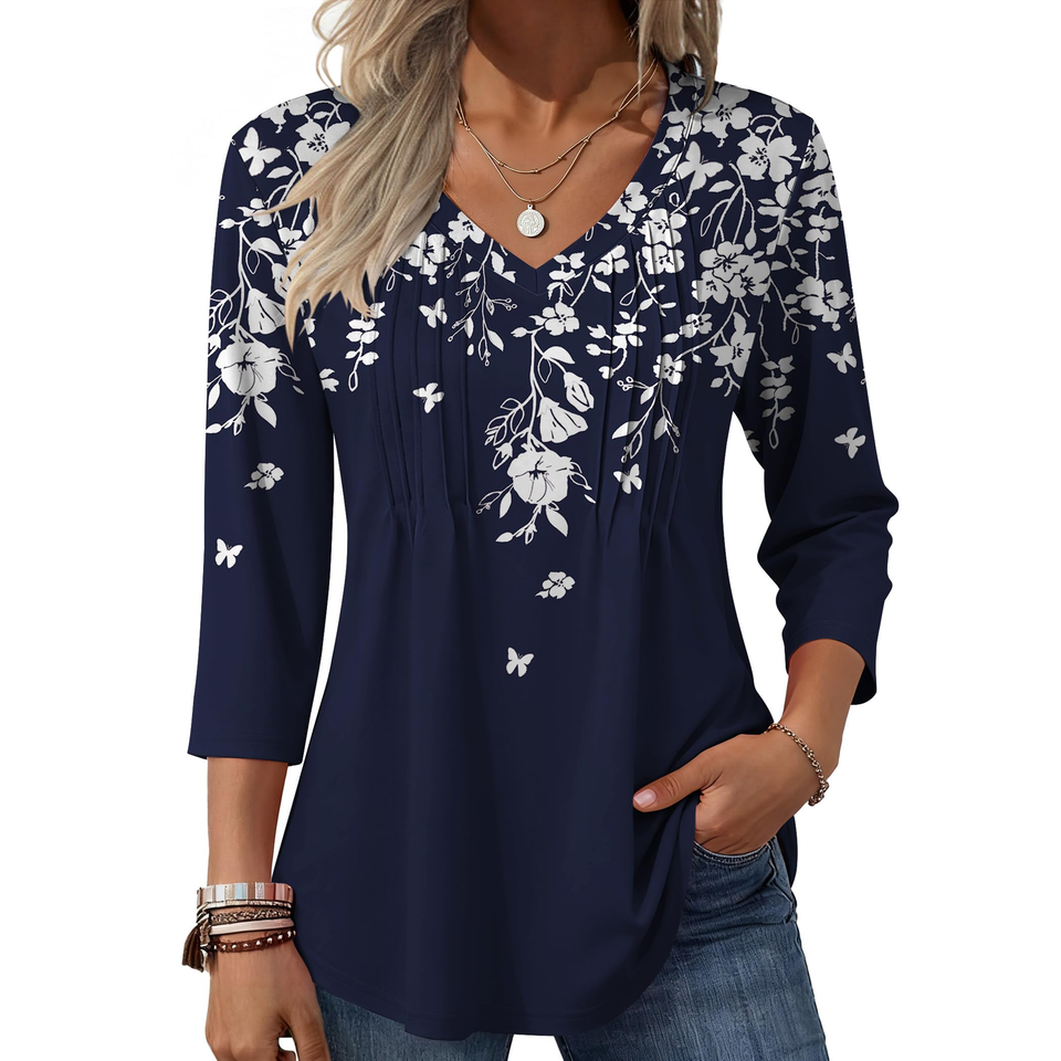 Fantaslook 3/4 Length Sleeve Womens Tops Dressy Casual Boho Blouses V Neck Pleated Tunic Tops Work Shirts