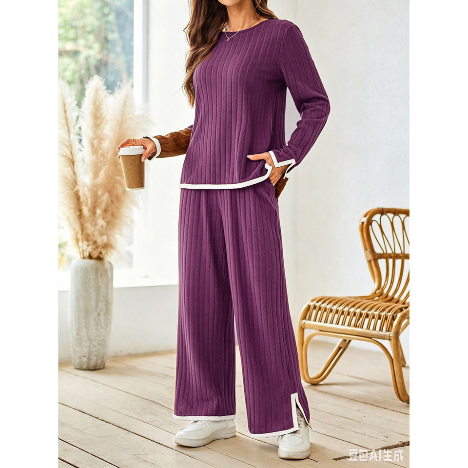 Fantaslook 2 Piece Sets for Women Travel Outfits Color Block Long Sweater Lounge Sets Splits Hem Tracksuits with Pockets