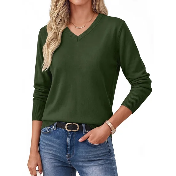 Fantaslook Knit Sweater for Women Long Sleeve V Neck Fall Tops Trendy Lightweight Pullover Work Shirts