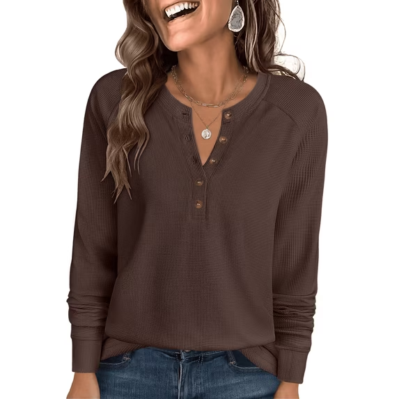 Fantaslook Waffle Long Sleeve Shirts for Women Button Up V Neck Henley Blouses Dressy Casual Fall Tops