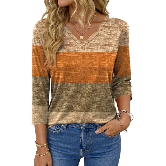 Fantaslook V Neck T Shirts for Women 3/4 Sleeve Tunic Tops Dressy Casual Blouses Boho Basics Tee Summer Fall Clothes