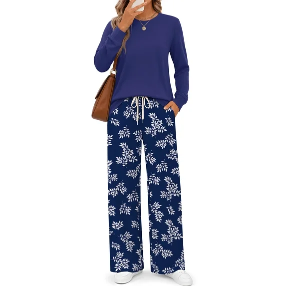 Fantaslook Long Sleeve Two Piece Sets for Women Wide Leg Pants Lounge Sets Fall Vacation Travel Outfits Fashion Boho Matching Sets