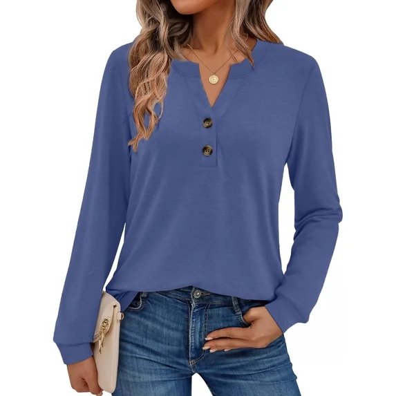 Fantaslook V Neck Henley Blouses for Women Dressy Fall Tops Long Sleeve Shirts Fashion Clothes