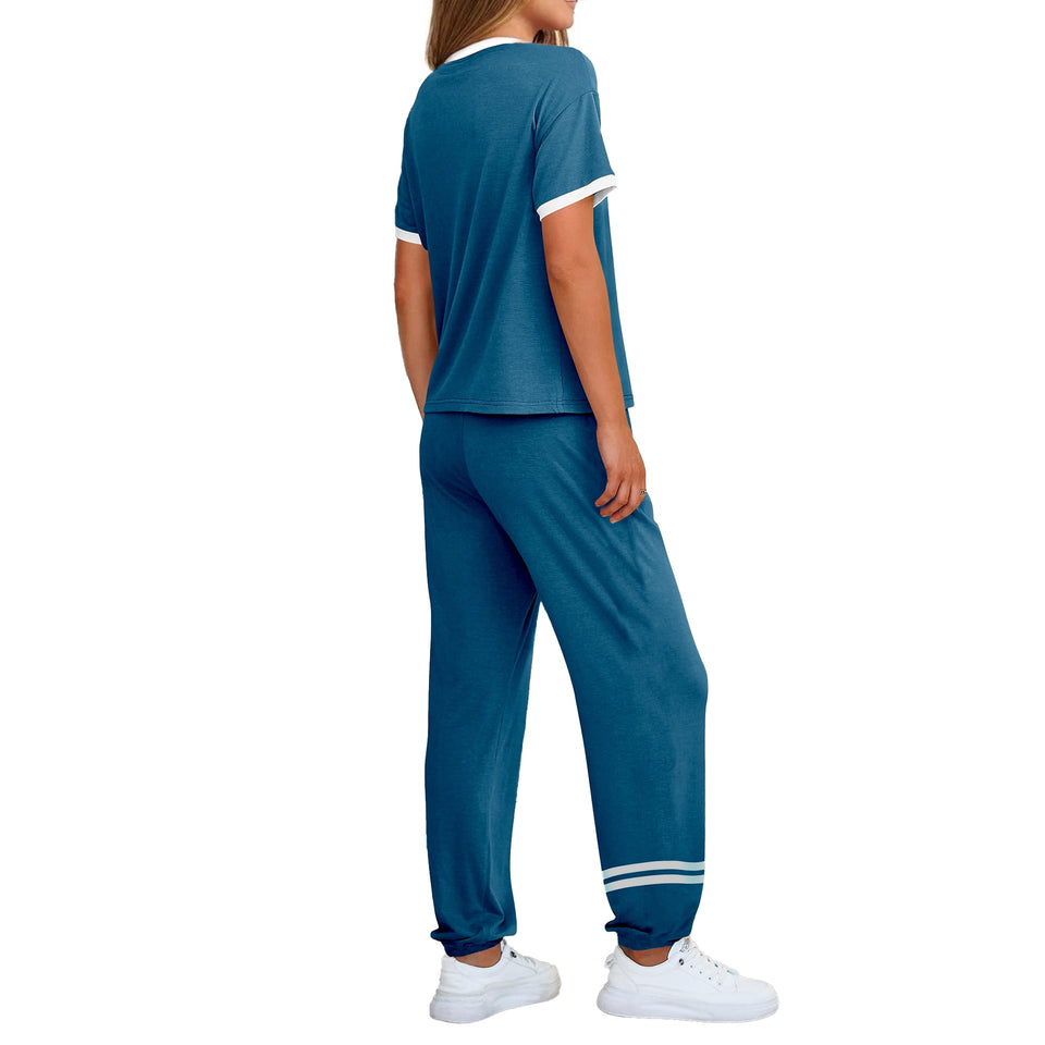 MOSHU Womens Two Piece Outfits Short Sleeve Color Block Tops Long Pants with Drawstring Tracksuit Jogger Sets