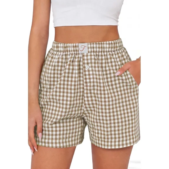 Fantaslook Plaid Shorts for Women Button Gingham Shorts Summer Lounge Boxers Beach Shorts Pants with Pocket