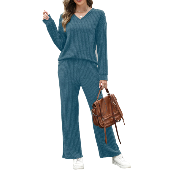 Fantaslook Two Piece Lounge Sets for Women Vacation Travel Fall Outfits V Neck Tops Wide Leg Pants Matching Sets Women Clothing