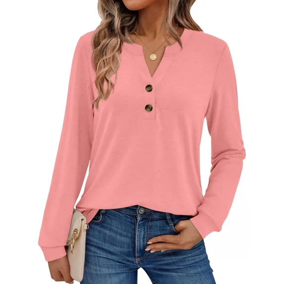 Fantaslook V Neck Henley Blouses for Women Dressy Fall Tops Long Sleeve Shirts Fashion Clothes