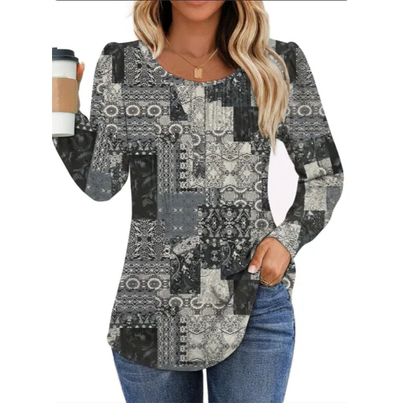 Fantaslook Pleated Blouses for Women Dressy Casual Long Sleeve Shirts Fall Tunic Tops