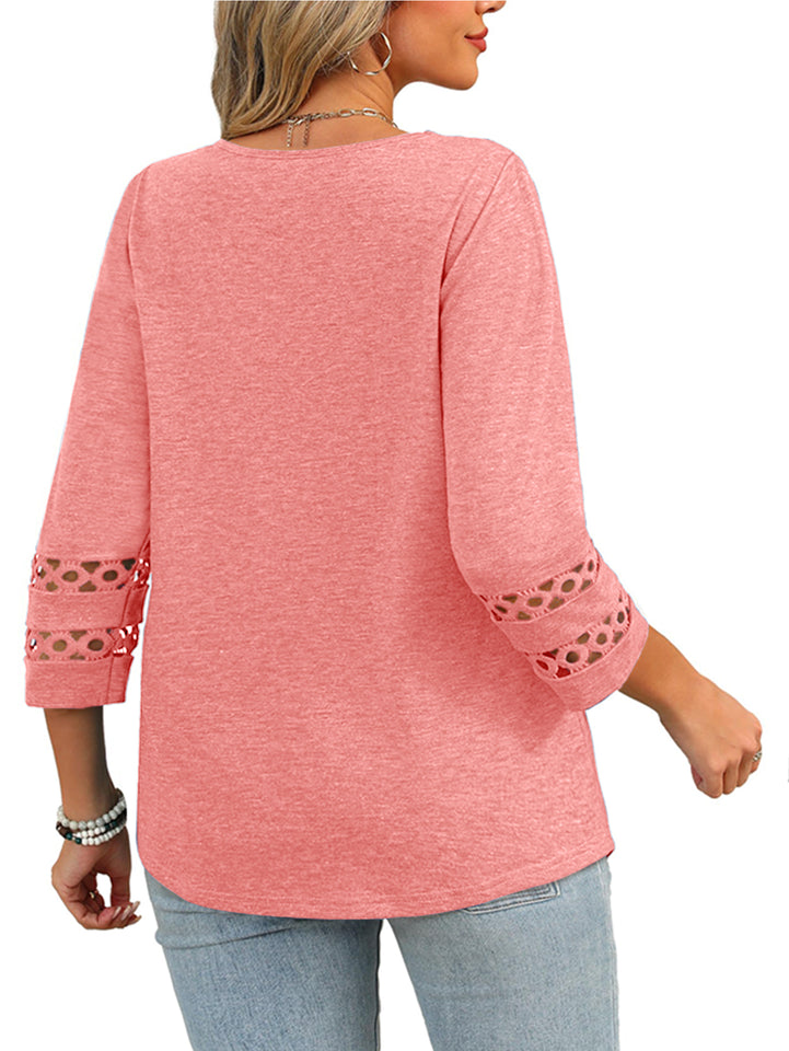 WellSize 3/4 Sleeve Womens Plus Size Tops V Neck Trendy Tunic Blouses Curved Hem Casual Shirts