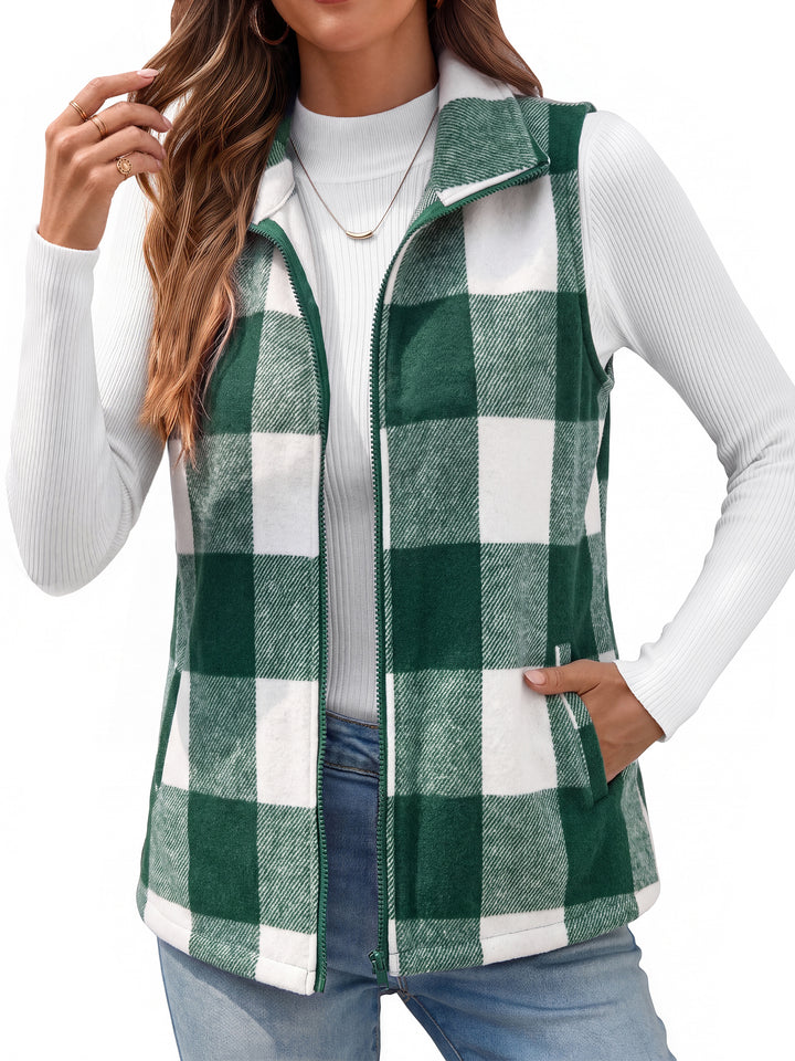 Fantaslook Women Plaid Outwear Vest Lightweight Sleeveless Jackets Zipper Fall Winter Coats with Pockets
