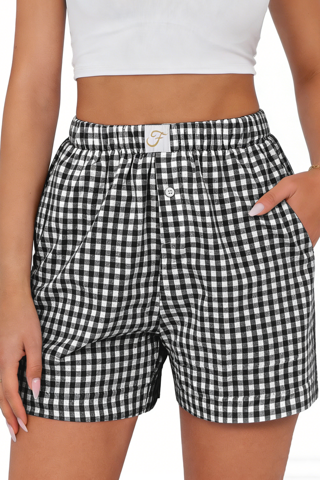 Fantaslook Plaid Shorts for Women Button Gingham Shorts Summer Lounge Boxers Beach Shorts Pants with Pocket
