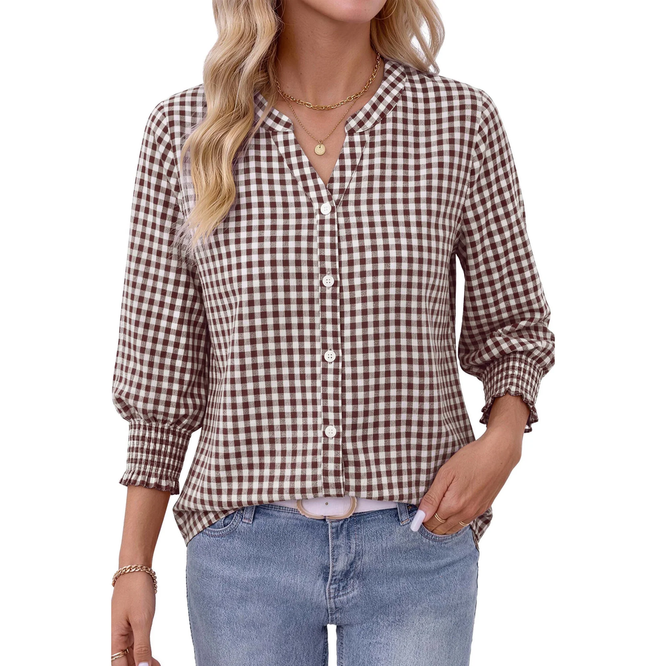Fantaslook Plaid Button Down Shirts for Women V neck 3/4 Sleeve Shirt with Smocked Cuffs Dressy Cotton Blouses Tops