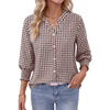Fantaslook Plaid Button Down Shirts for Women V neck 3/4 Sleeve Shirt with Smocked Cuffs Dressy Cotton Blouses Tops