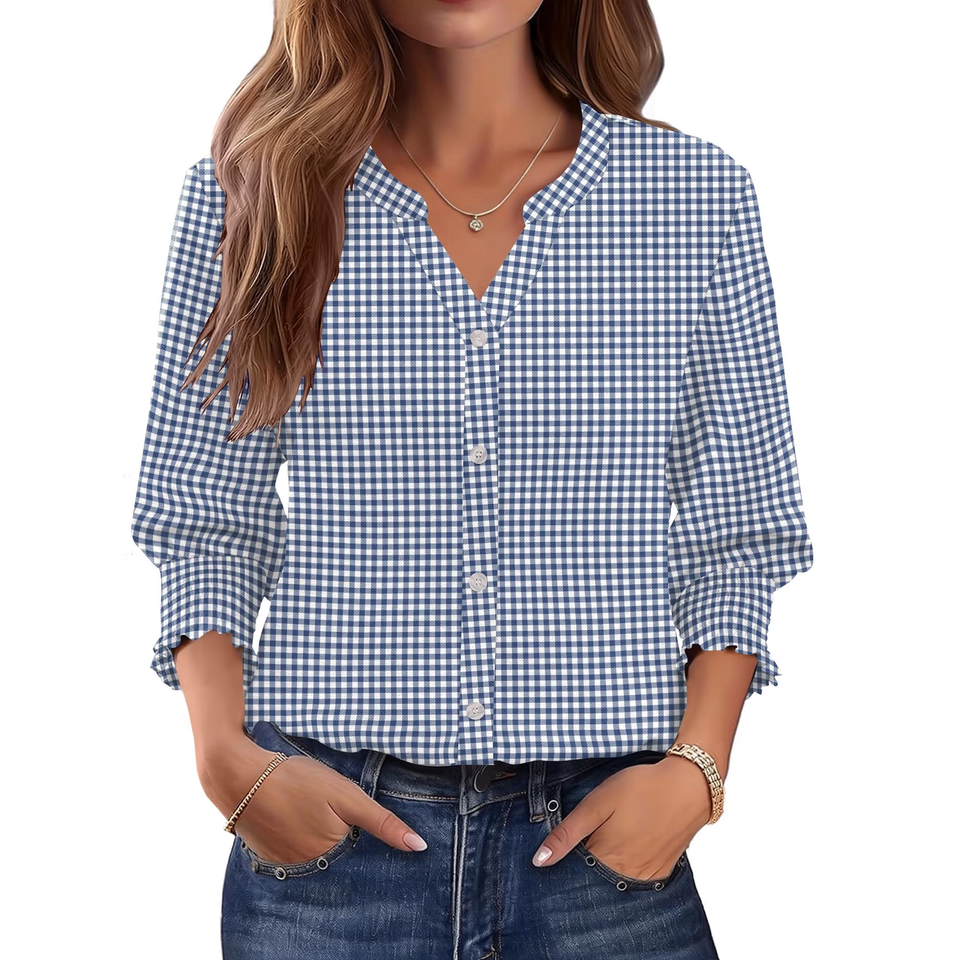 Fantaslook Plaid Button Down Shirts for Women 3/4 Sleeve V neck Work Shirt with Smocked Cuffs Dressy Cotton Blouses Tops