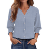Fantaslook Plaid Button Down Shirts for Women 3/4 Sleeve V neck Work Shirt with Smocked Cuffs Dressy Cotton Blouses Tops