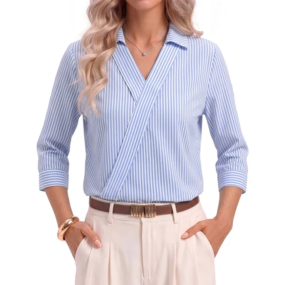 Fantaslook 3/4 Sleeve Womens Striped Tops V Neck Lapel Shirts Dressy Business Work Blouses Trendy Fashion Tops