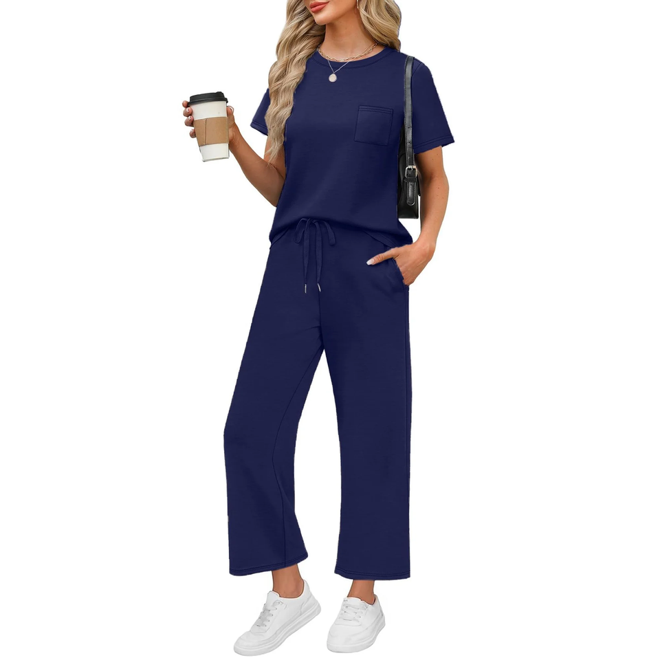 Fantaslook 2 Piece Sets for Women Casual Summer Travel Vacation Outfits Short Sleeve Tops Wide Leg Pants Lounge Sets