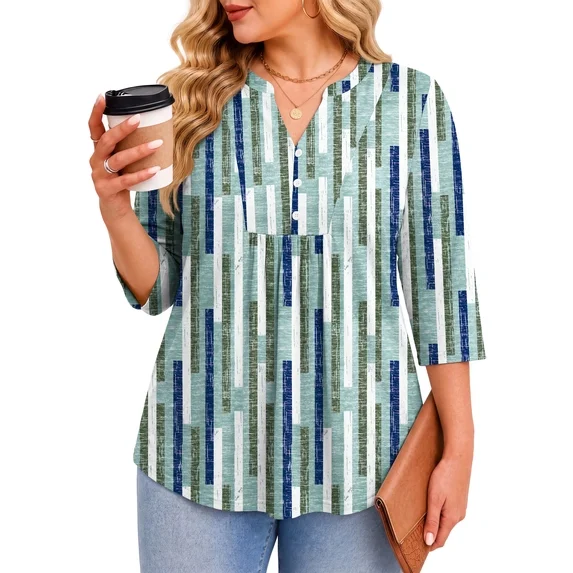 Fantaslook 3/4 Sleeve Plus Size Tops for Women Henley V Neck Button Blouses Dressy Floral Tunic Work Shirts L-5XL