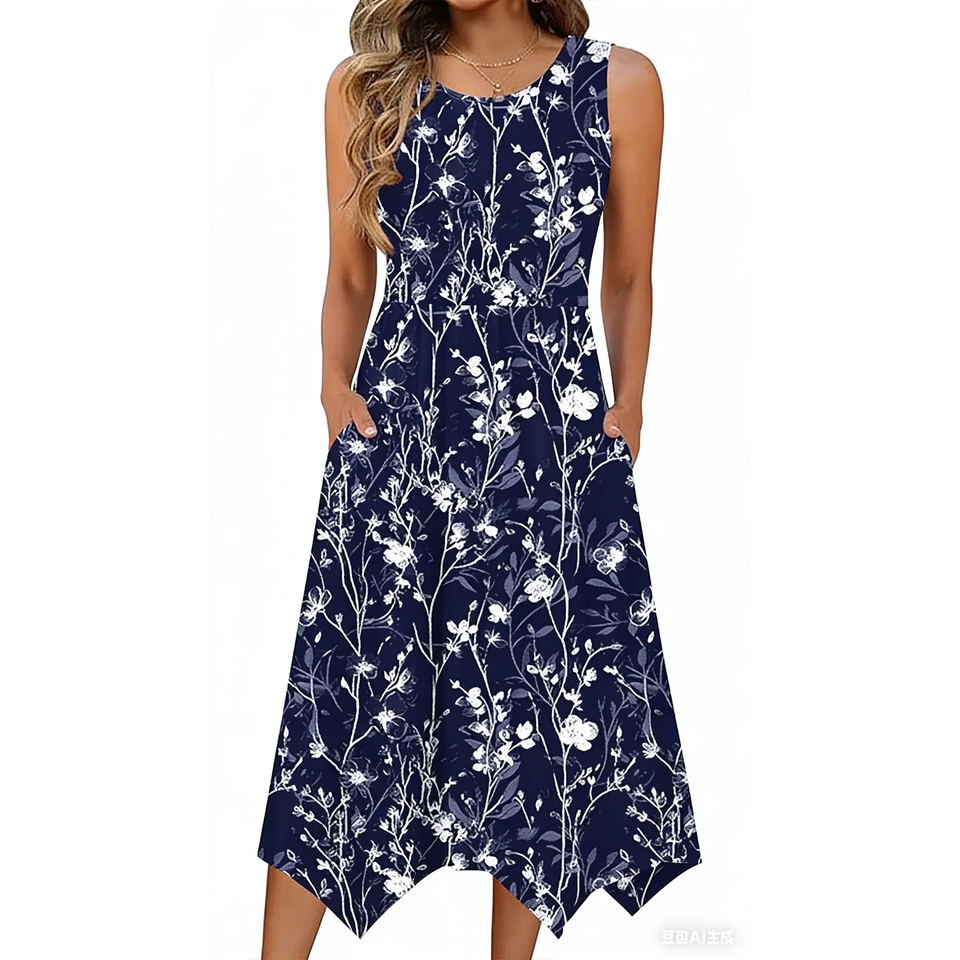 Fantaslook Floral Tank Dresses for Women Flowy Sleeveless Asymmetrical Hem Dress Beach Sundress with Pockets