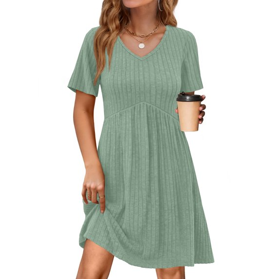 Fantaslook Short Sleeve Dresses for Women V Neck Summer Midi Dresses Empire Waist Tunic Casual Dress with Pockets