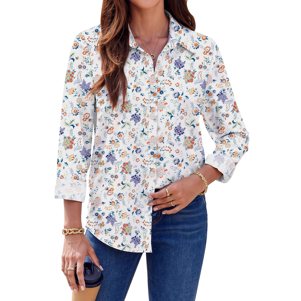 Fantaslook Womens Button Down Shirts Boho Floral Printed Long Sleeve Blouses Business Work Shirt Dressy Casual Loose Tops