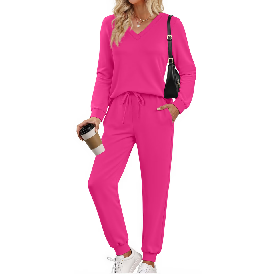 Fantaslook Two Piece Sets for Women Fall Outfits Fashion Lounge Sets V Neck Tops and Jogger Pants Tracksuit Vacation Travel Outfits