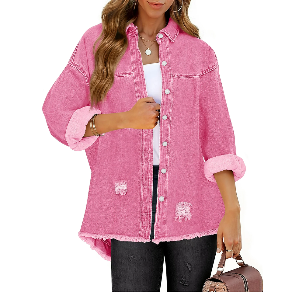 Fantaslook Denim Jackets for Women Trendy Frayed Hem Shackets Casual Button Up Jean Jacket Coats