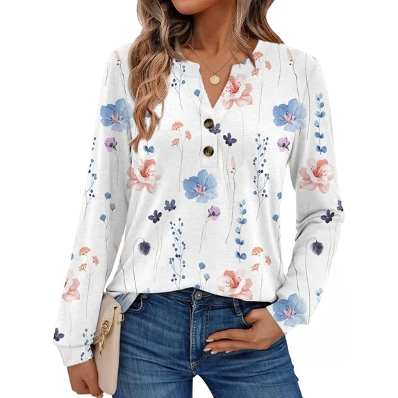 Fantaslook V Neck Henley Blouses for Women Dressy Fall Tops Long Sleeve Shirts Fashion Clothes