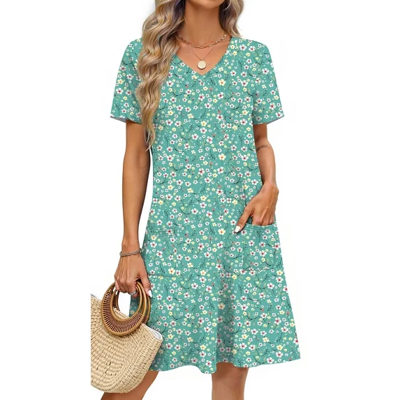 Fantaslook Summer Dresses for Women V Neck Short Sleeve Casual T Shirt Dress Beach Sundresses with Pockets