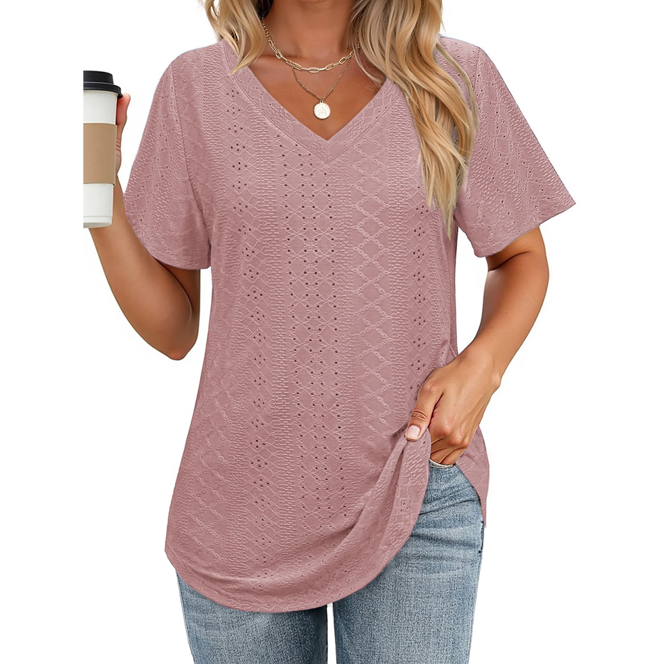 Fantaslook Eyelet Womens Tops Short Sleeve Dressey Casual Blouses V Neck Work Shirts Summer Basic Tees