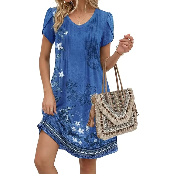 Fantaslook Boho Summer Dresses for Women Casual Short Sleeve T Shirt Dress with Pockets Beach Vacation Clothes