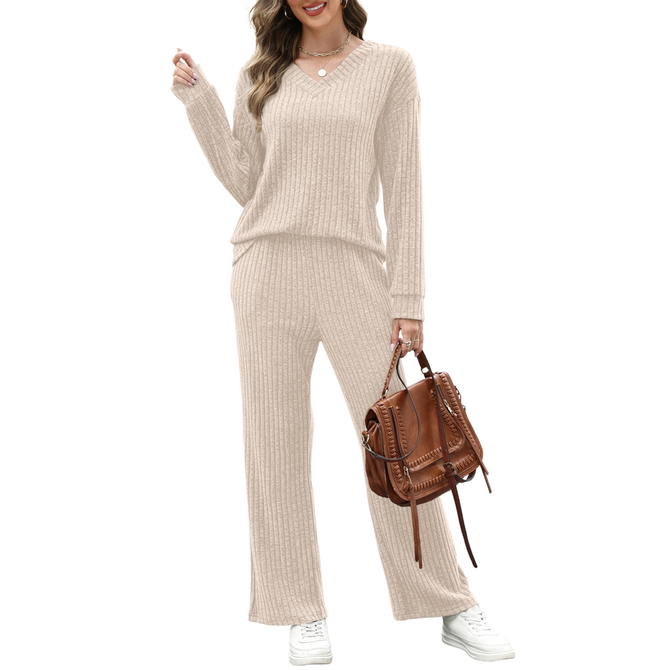 Fantaslook Two Piece Lounge Sets for Women Vacation Travel Fall Outfits V Neck Tops Wide Leg Pants Matching Sets Women Clothing