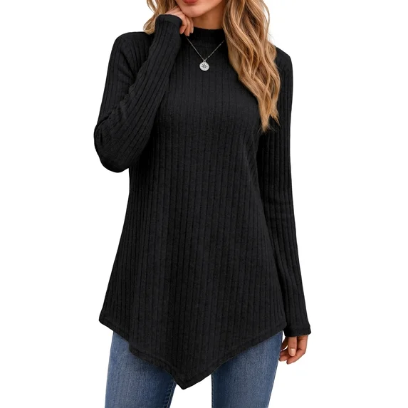 Fantaslook Mock Turtleneck Sweaters for Women Dressy Long Sleeve Pullover Fall Tunic Tops Asymmetrical Hem Soft Sweaters