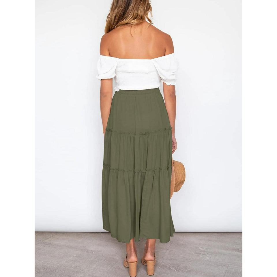 MOSHU High Waist Midi Skirt for Women A-Line Pleated Skirts with Pockets Flowy Dresses