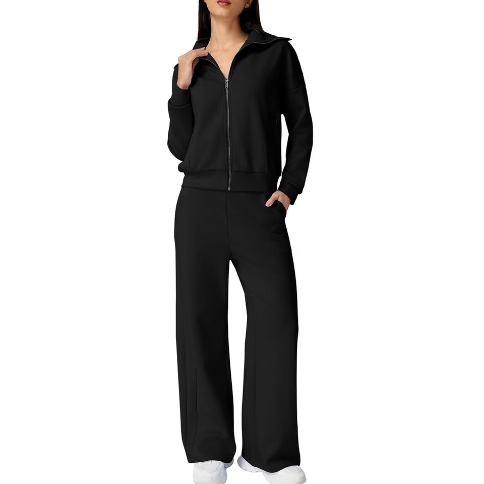 Fantaslook Women Two Piece Outfits Lapel Long Sleeve Zipper Sweatshirts and Wide Leg Pants Lounge Tracksuits Sets