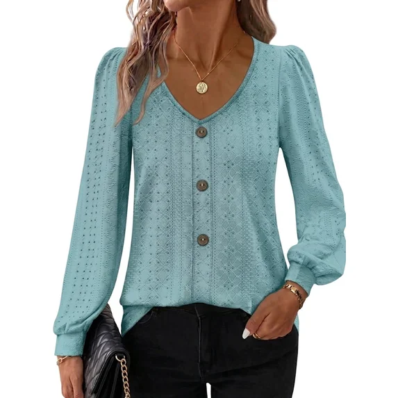 Fantaslook Tops for Women V Neck Long Sleeve Blouses Eyelet Casual Fall Shirts Trendy