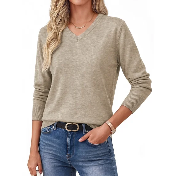 Fantaslook Knit Sweater for Women Long Sleeve V Neck Fall Tops Trendy Lightweight Pullover Work Shirts